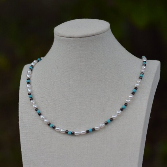 Unisex Turquoise & Freshwater Pearl Necklace with Hematite – 19" Gunmetal Lobste - Picture 1 of 5